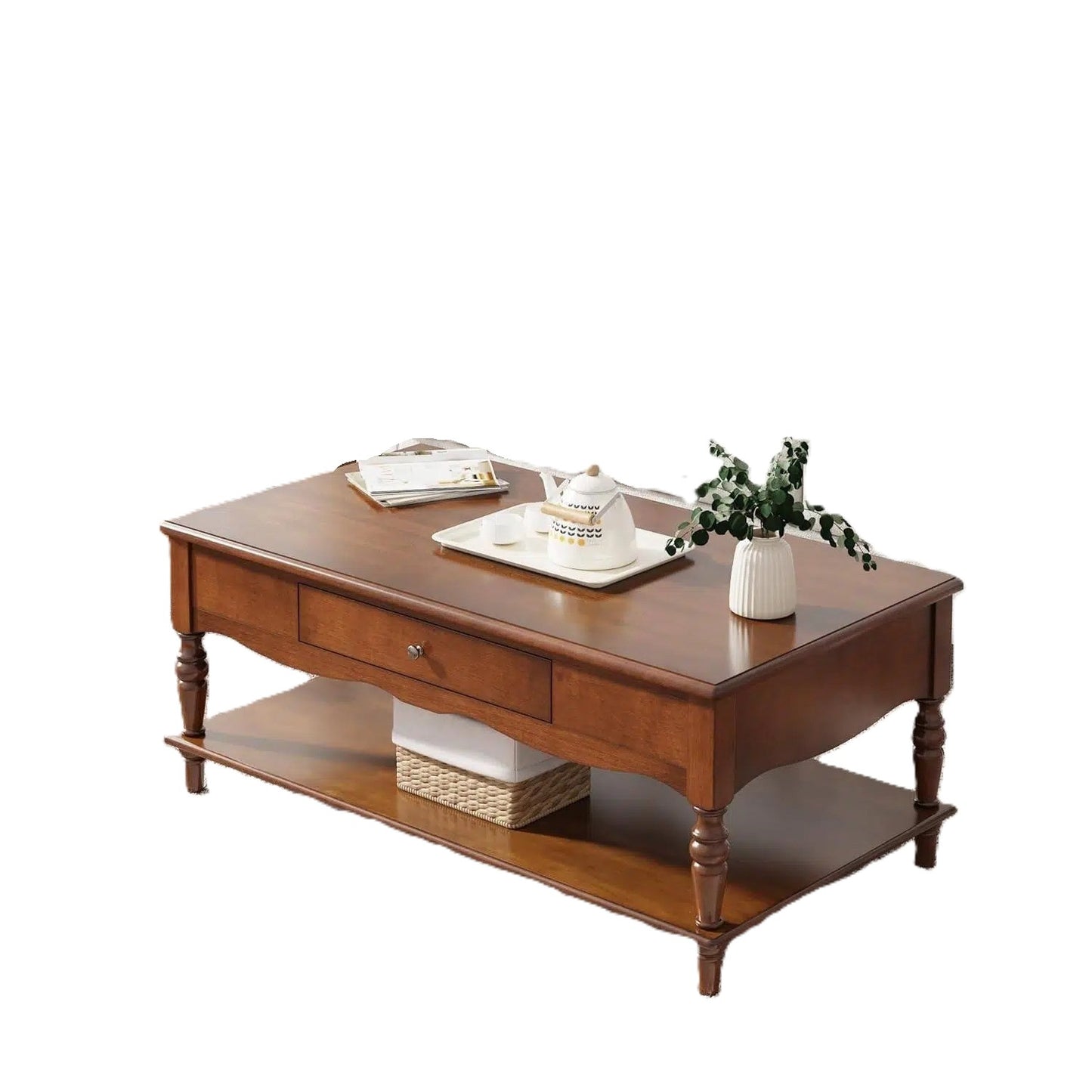 Antique-Style Wood Coffee Table with Drawer & Lower Storage Shelf
