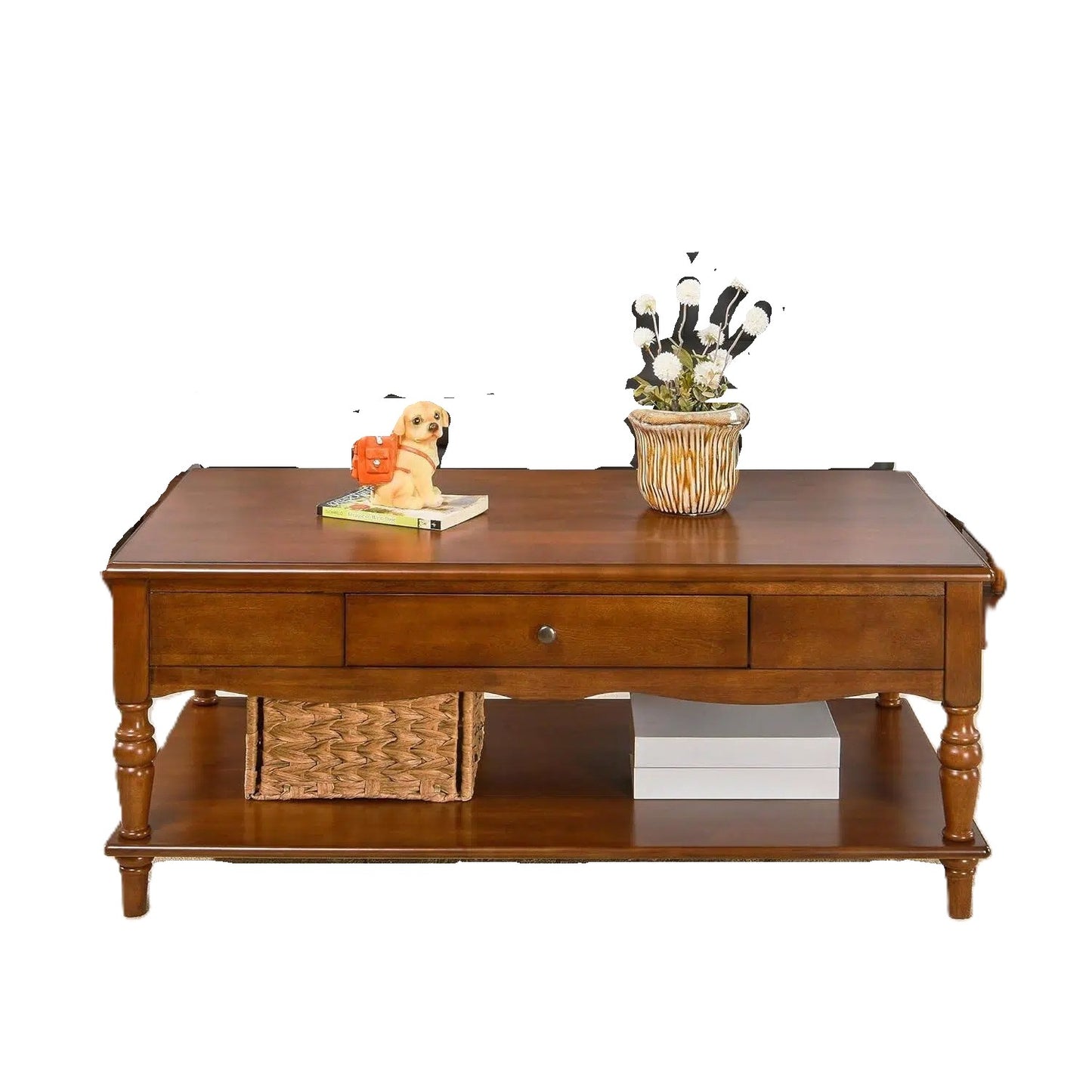Antique-Style Wood Coffee Table with Drawer & Lower Storage Shelf