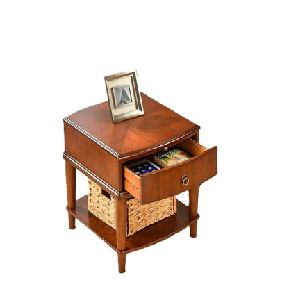 Vintage Solid Wood End Table with Drawer, Sliding Shelf & Lower Storage