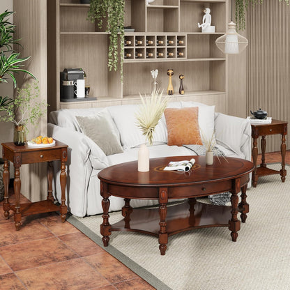 Vintage Oval Solid Wood Coffee Table with Drawer &amp; Storage Shelf
