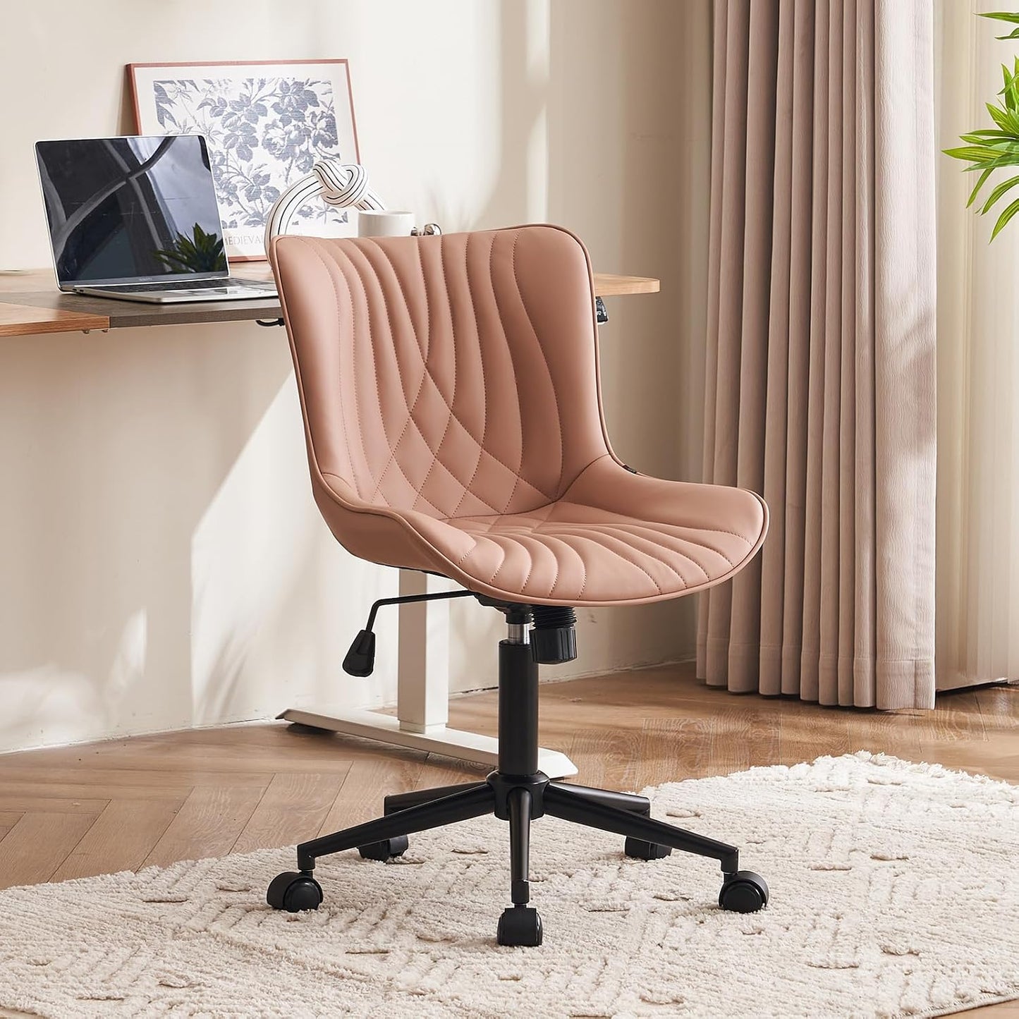 Brown Faux Leather Office Chair Adjustable Swivel Rolling Armless Desk Chair