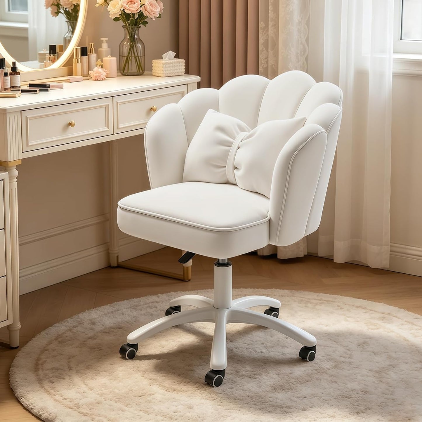 Purple Velvet Petal Vanity Chair Swivel Rolling Desk Chair with Bow Cushion