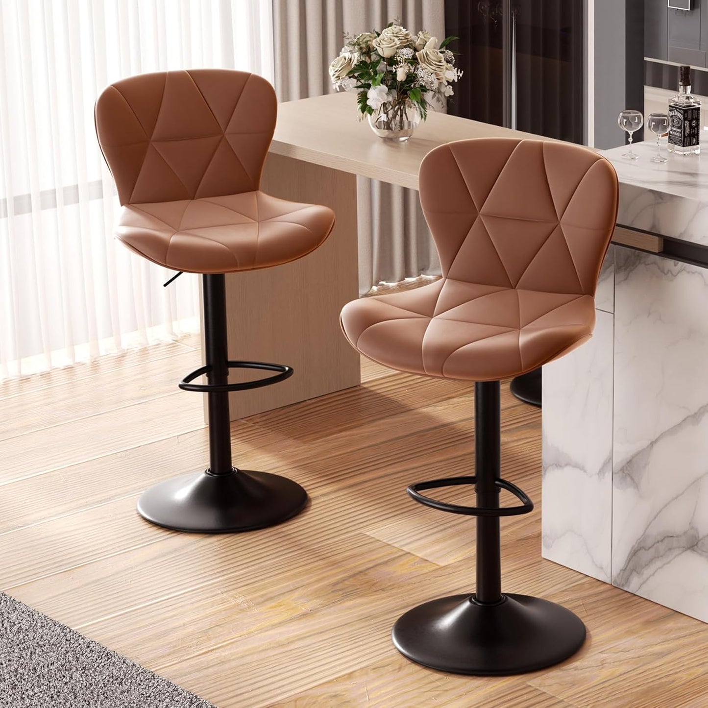 Black Swivel Bar Stools Set of 2 Adjustable Faux Leather Kitchen Chairs
