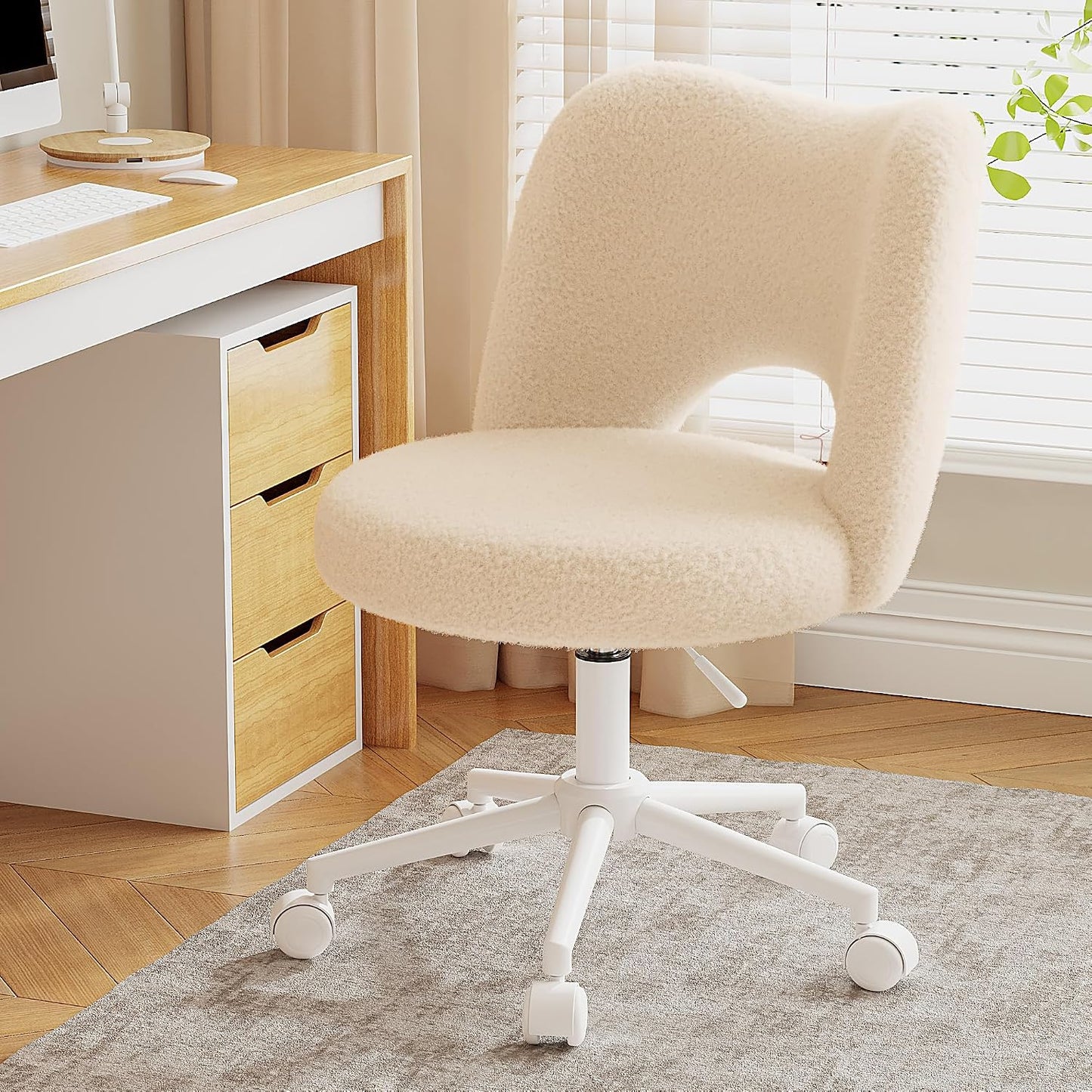 White Teddy Vanity Chair Armless Adjustable Swivel Desk Chair with Wheels