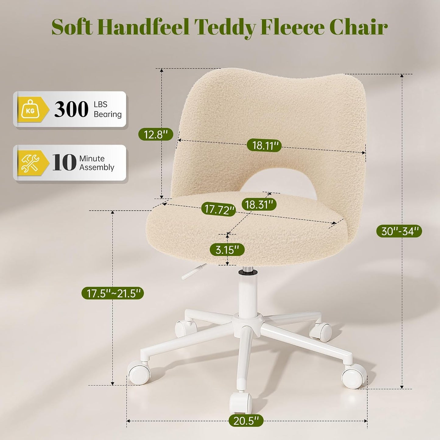 White Teddy Vanity Chair Armless Adjustable Swivel Desk Chair with Wheels