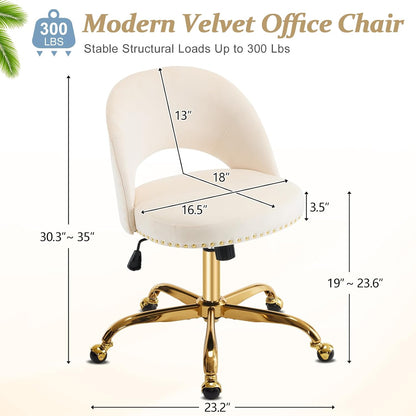 Navy Blue Velvet Office Chair Gold Swivel Rolling Vanity Desk Chair