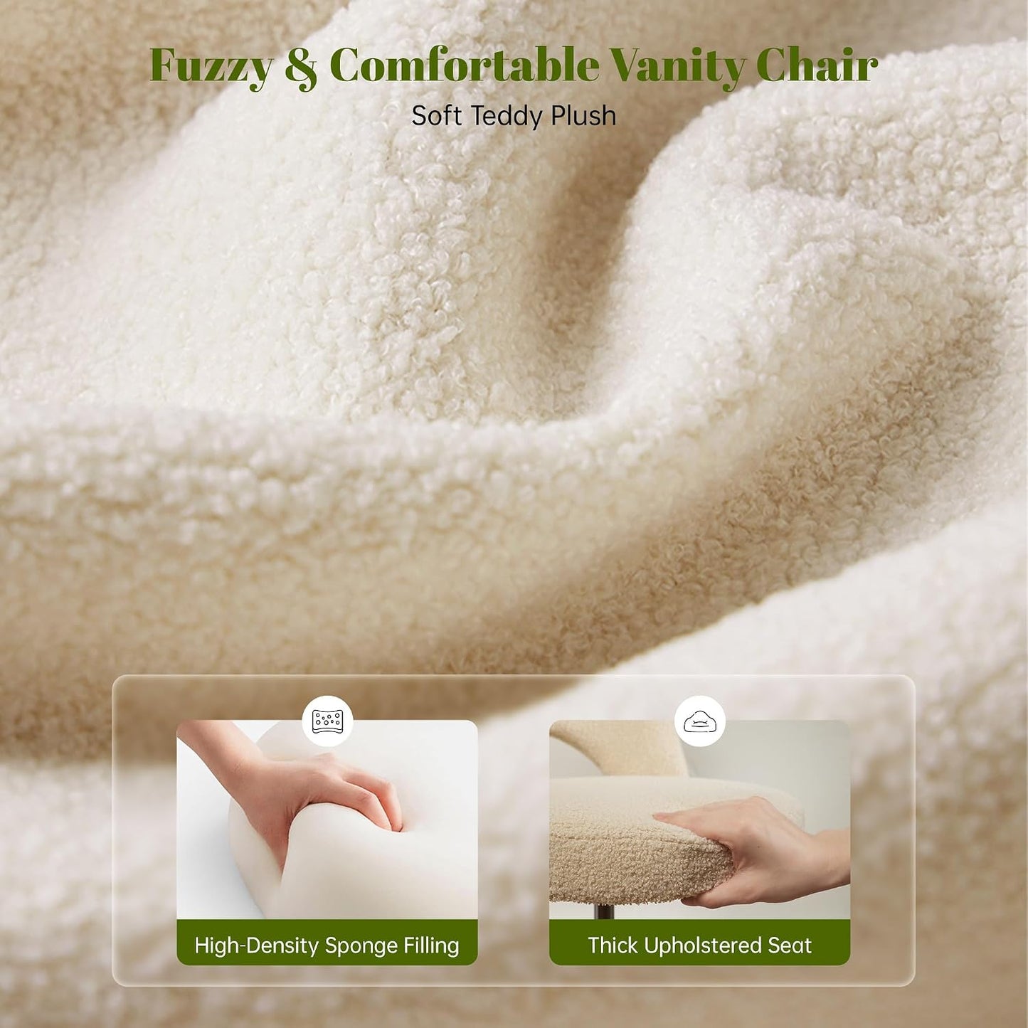 White Teddy Vanity Chair Armless Adjustable Swivel Desk Chair with Wheels
