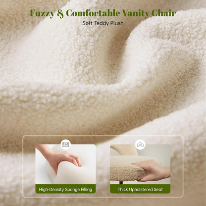 White Teddy Vanity Chair Armless Adjustable Swivel Desk Chair with Wheels