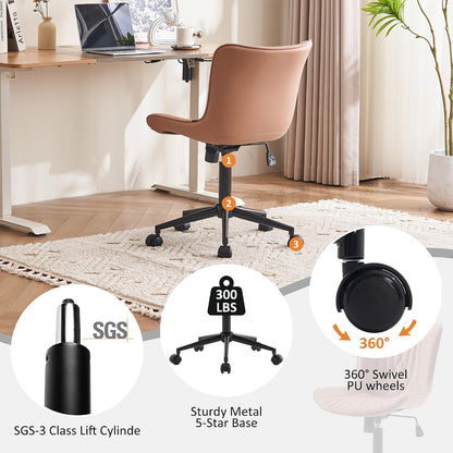 Brown Faux Leather Office Chair Adjustable Swivel Rolling Armless Desk Chair