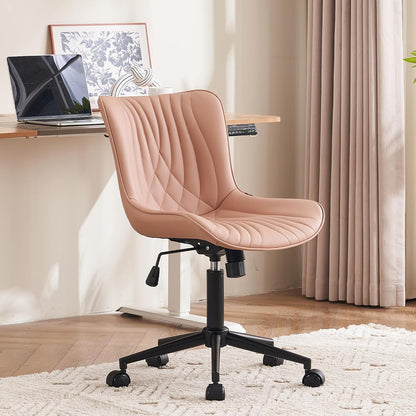 Brown Faux Leather Office Chair Adjustable Swivel Rolling Armless Desk Chair