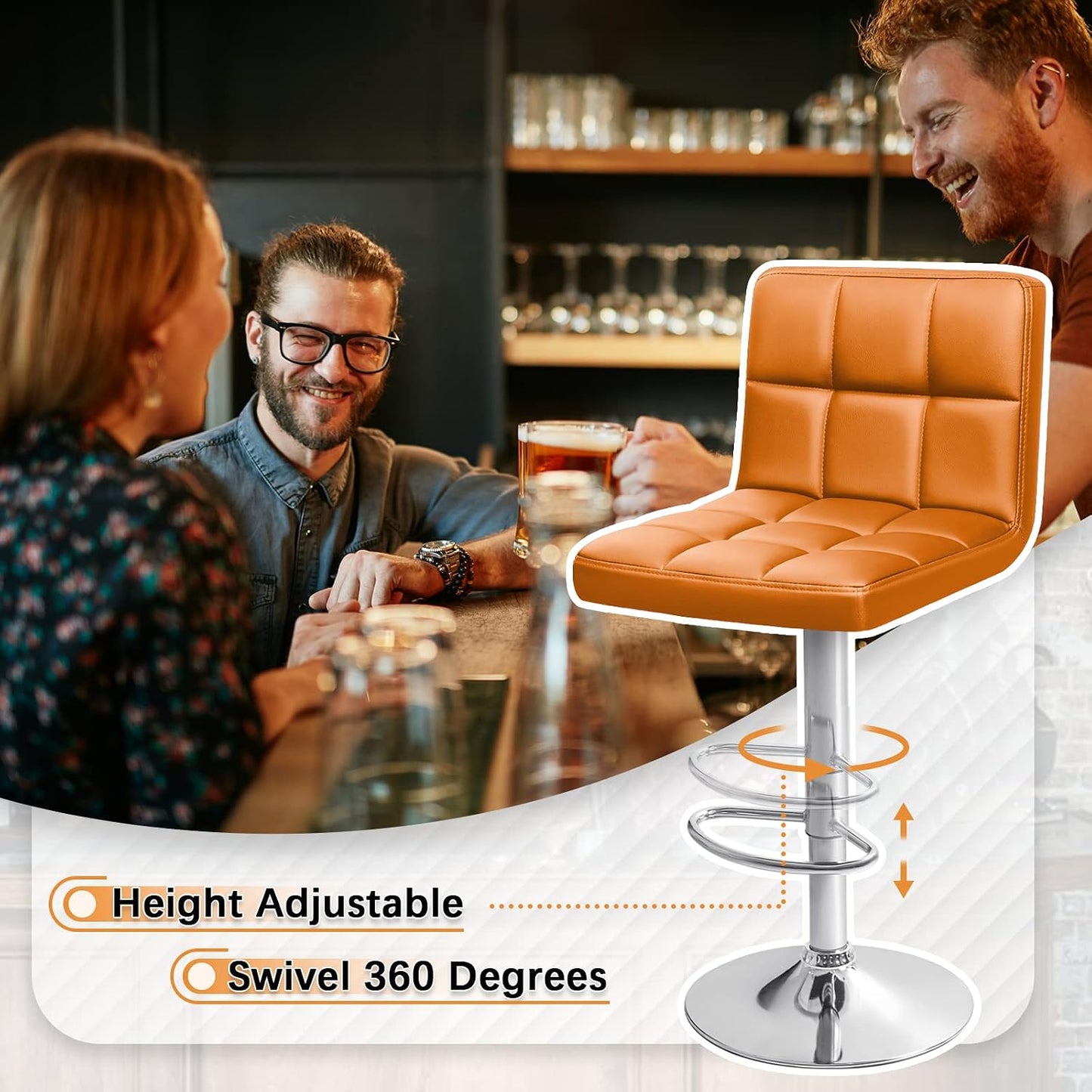 Black Swivel Bar Stools Set of 2 Adjustable Upholstered Kitchen Chairs