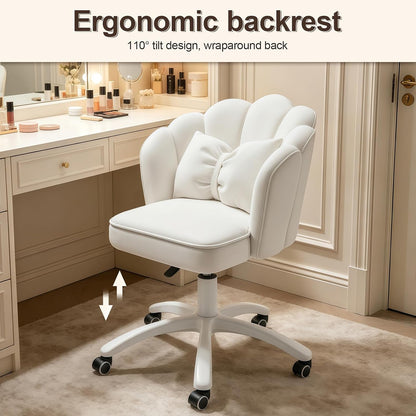 Purple Velvet Petal Vanity Chair Swivel Rolling Desk Chair with Bow Cushion