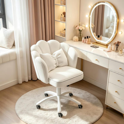 Purple Velvet Petal Vanity Chair Swivel Rolling Desk Chair with Bow Cushion
