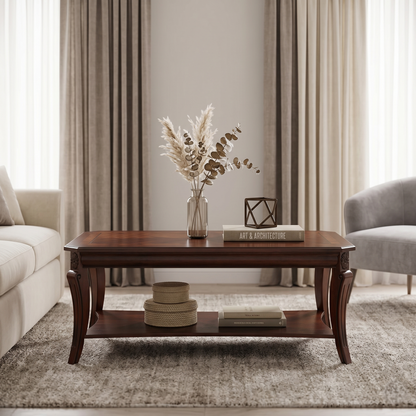 American-Style Carved Wood Coffee Table with Lower Storage Shelf – Cherry Finish