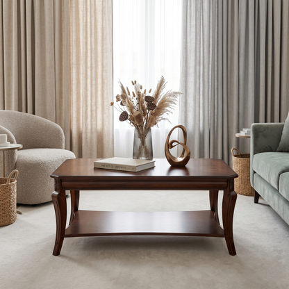 American-Style Carved Wood Coffee Table with Lower Storage Shelf – Cherry Finish