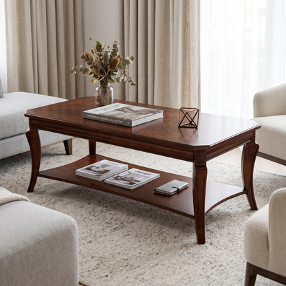 American-Style Carved Wood Coffee Table with Lower Storage Shelf – Cherry Finish