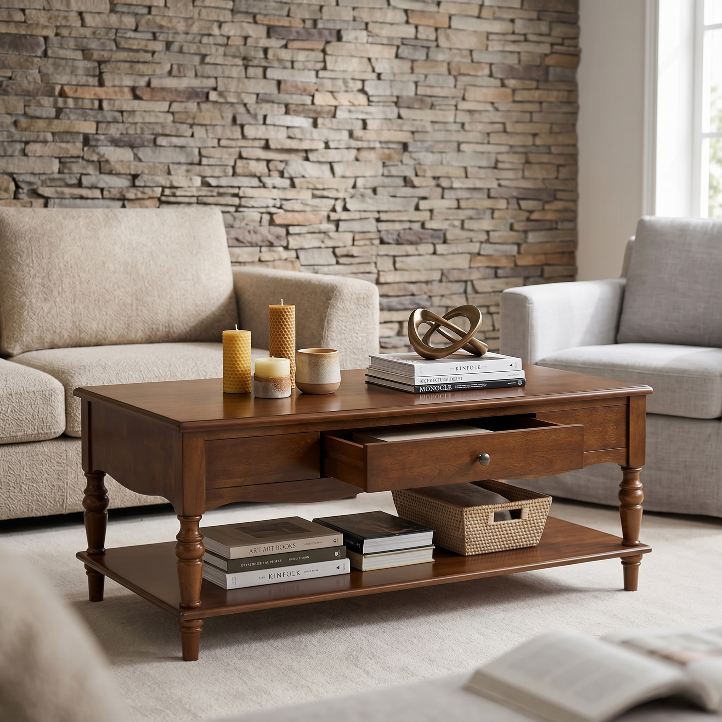 Antique-Style Wood Coffee Table with Drawer & Lower Storage Shelf