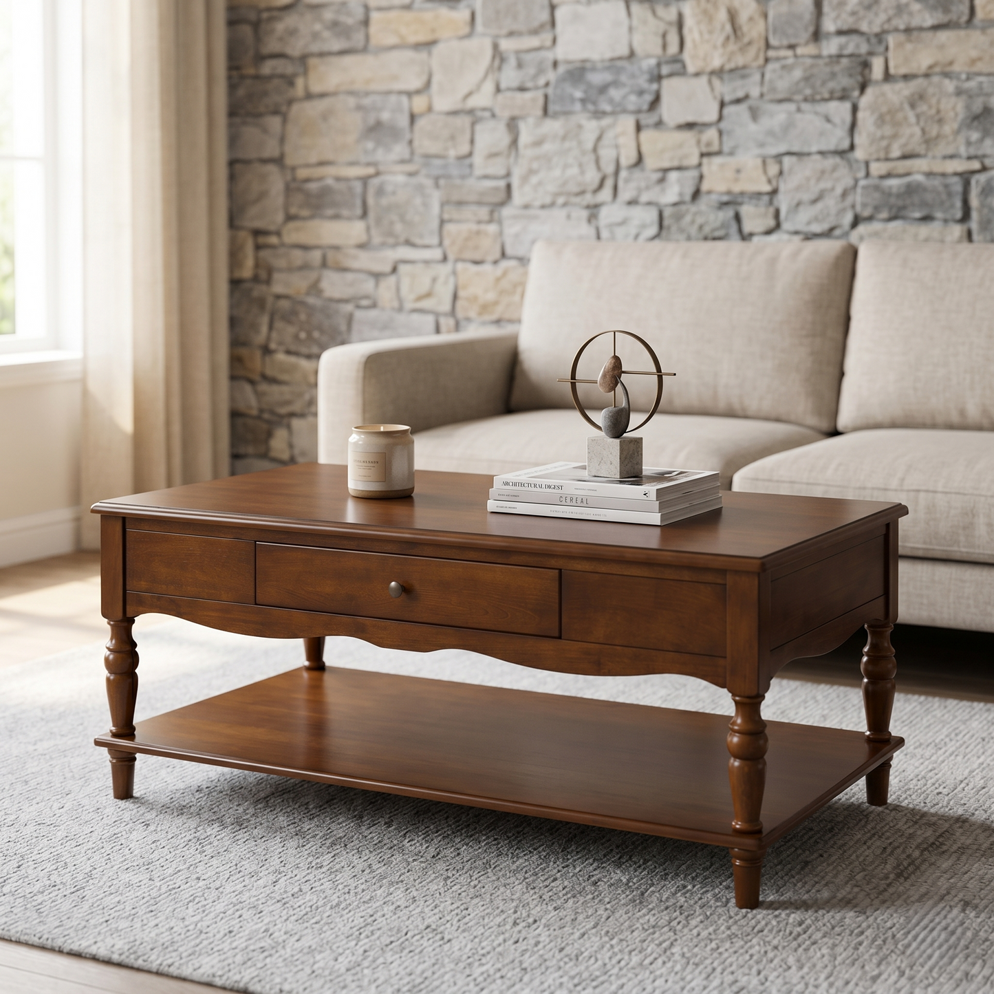 Antique-Style Wood Coffee Table with Drawer & Lower Storage Shelf