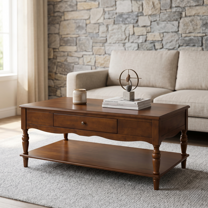 Antique-Style Wood Coffee Table with Drawer & Lower Storage Shelf