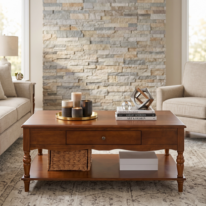 Antique-Style Wood Coffee Table with Drawer & Lower Storage Shelf