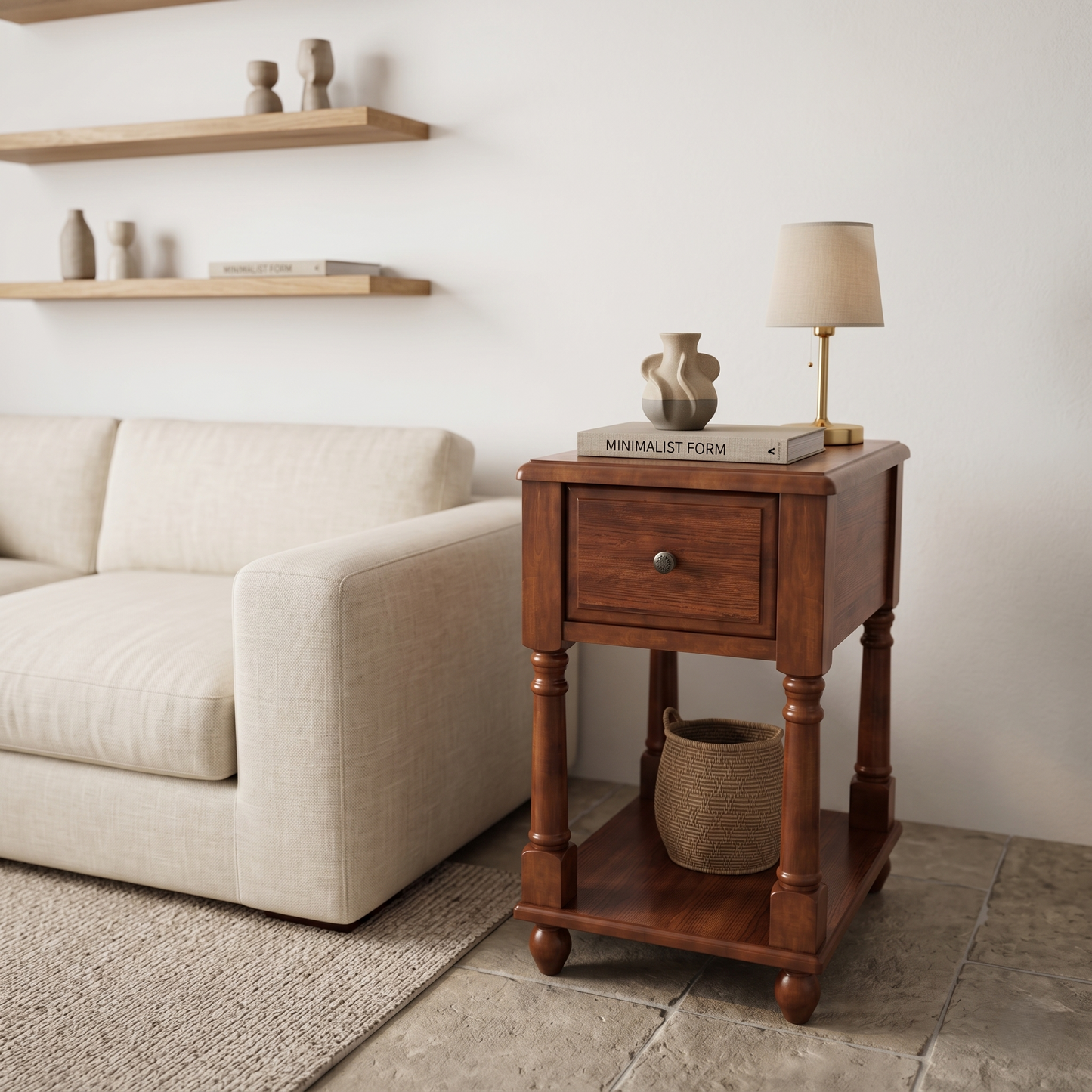 Traditional Wood End Table with Drawer & Lower Storage Shelf