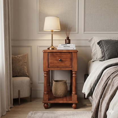 Traditional Wood End Table with Drawer & Lower Storage Shelf
