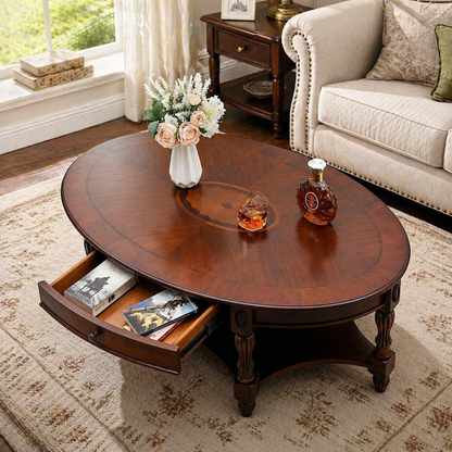 Vintage Oval Solid Wood Coffee Table with Drawer &amp; Storage Shelf