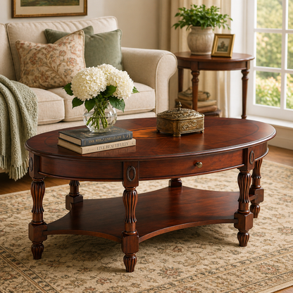 Vintage Oval Solid Wood Coffee Table with Drawer &amp; Storage Shelf