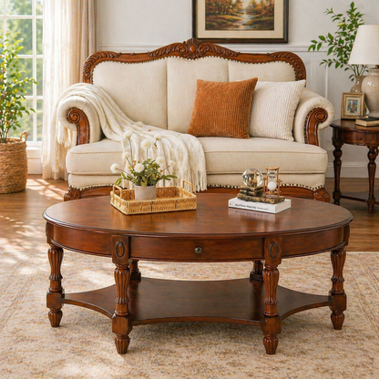 Vintage Oval Solid Wood Coffee Table with Drawer &amp; Storage Shelf