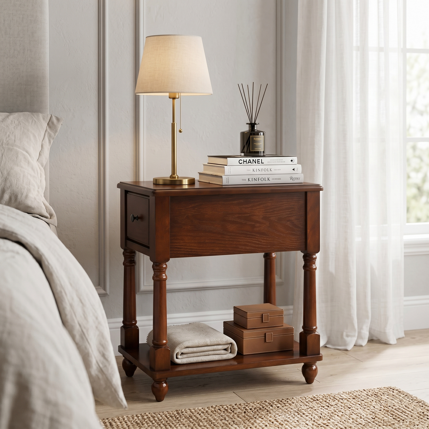 Traditional Wood End Table with Drawer & Lower Storage Shelf