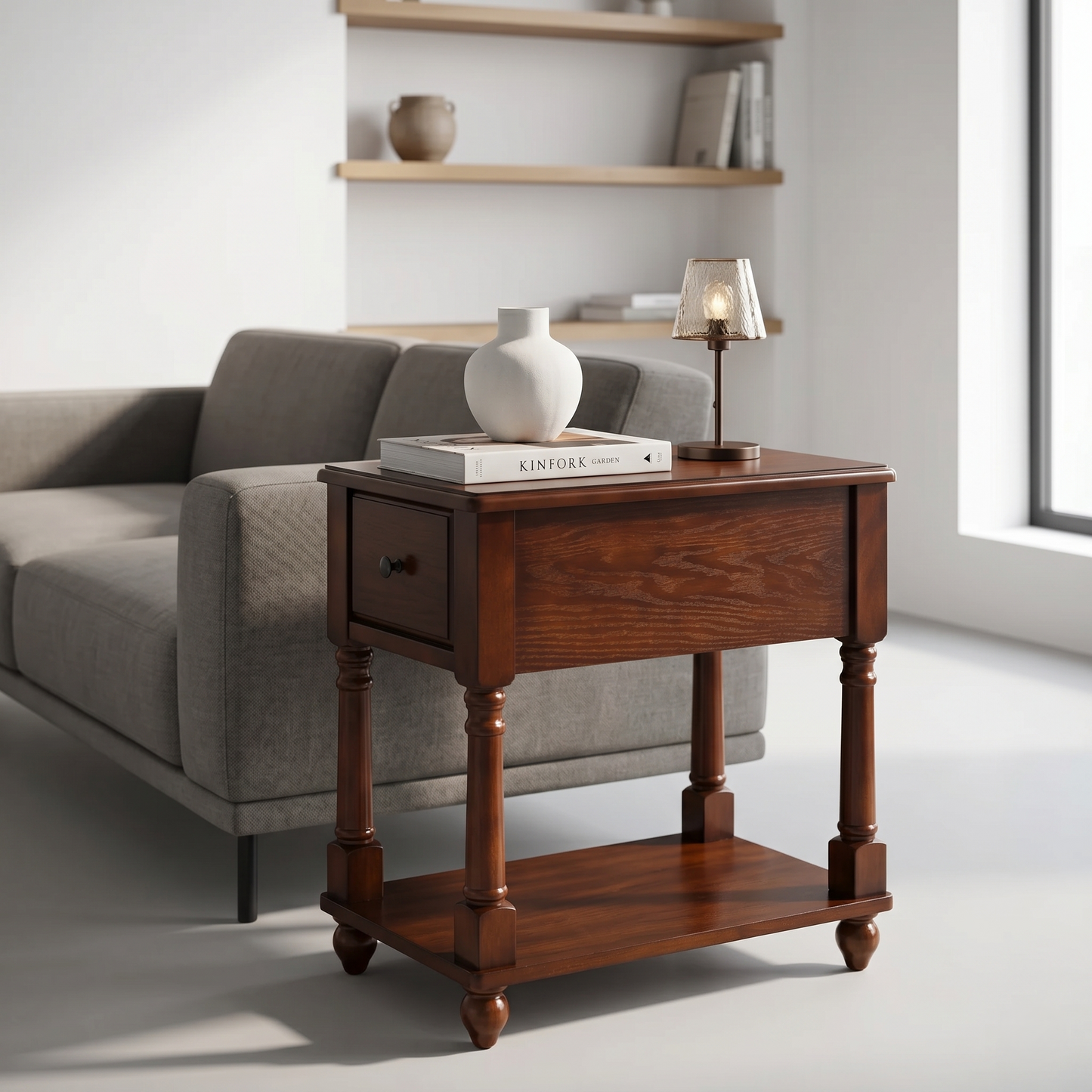 Traditional Wood End Table with Drawer & Lower Storage Shelf