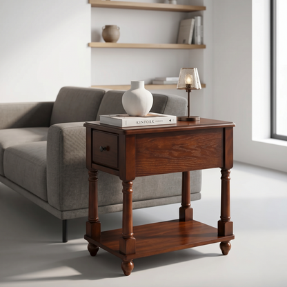 Traditional Wood End Table with Drawer & Lower Storage Shelf