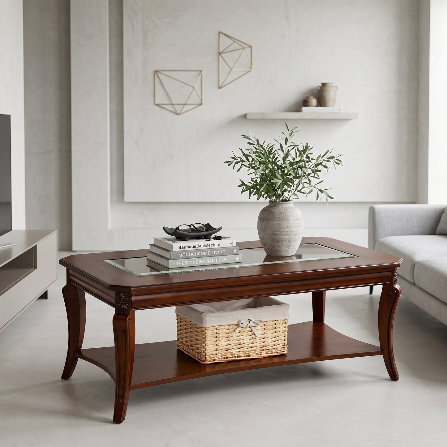 Traditional Glass Top Coffee Table with Carved Wood Legs & Lower Storage Shelf