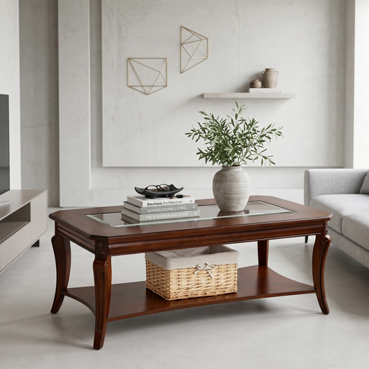 Traditional Glass Top Coffee Table with Carved Wood Legs & Lower Storage Shelf