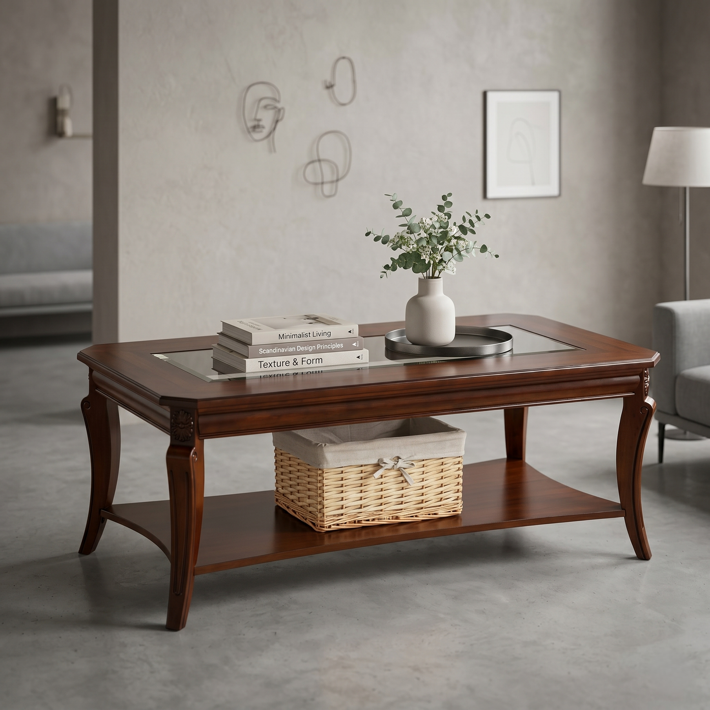 Traditional Glass Top Coffee Table with Carved Wood Legs & Lower Storage Shelf