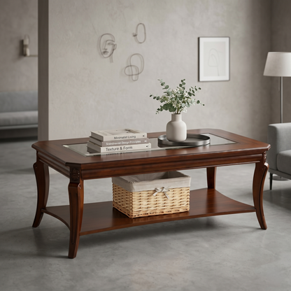 Traditional Glass Top Coffee Table with Carved Wood Legs & Lower Storage Shelf