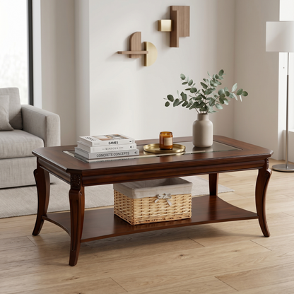 Traditional Glass Top Coffee Table with Carved Wood Legs & Lower Storage Shelf