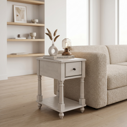 Traditional Wood End Table with Drawer & Lower Storage Shelf