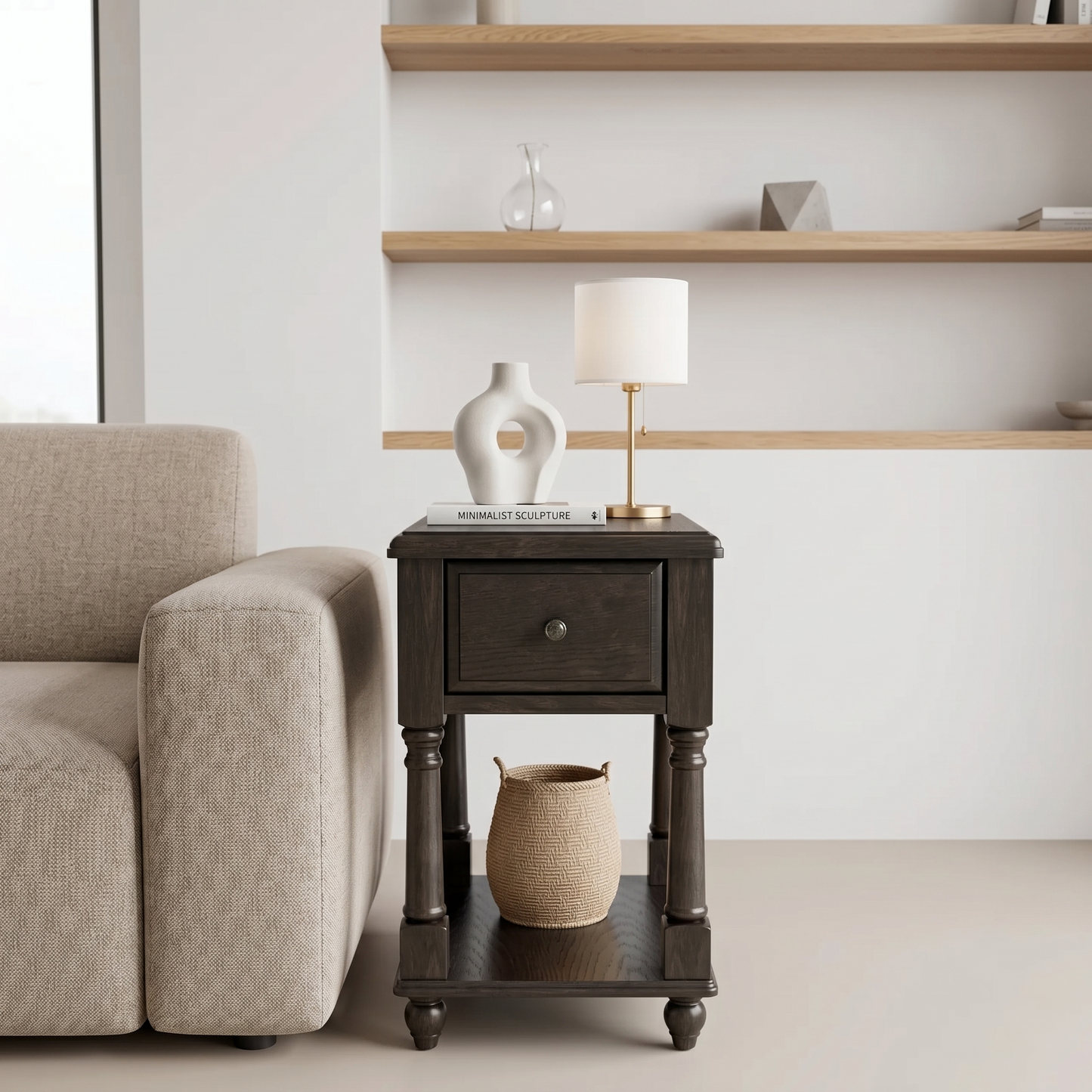 Traditional Wood End Table with Drawer & Lower Storage Shelf