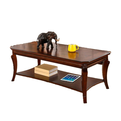 American-Style Carved Wood Coffee Table with Lower Storage Shelf – Cherry Finish