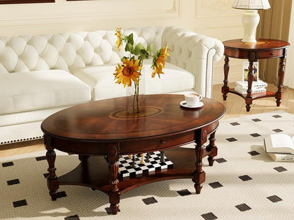 Vintage Oval Solid Wood Coffee Table with Drawer &amp; Storage Shelf