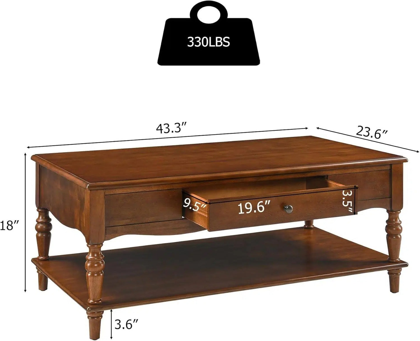 Antique-Style Wood Coffee Table with Drawer & Lower Storage Shelf