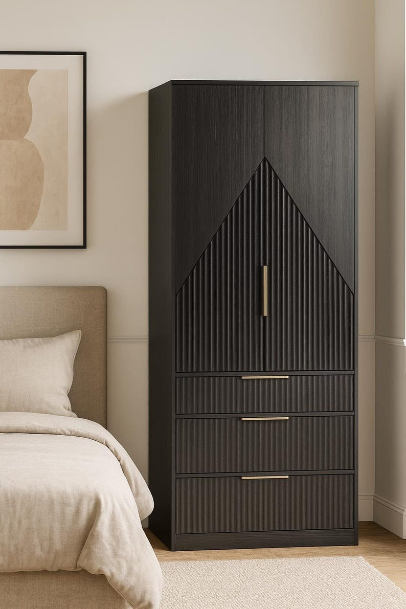 Modern Black Wood Wardrobe Armoire