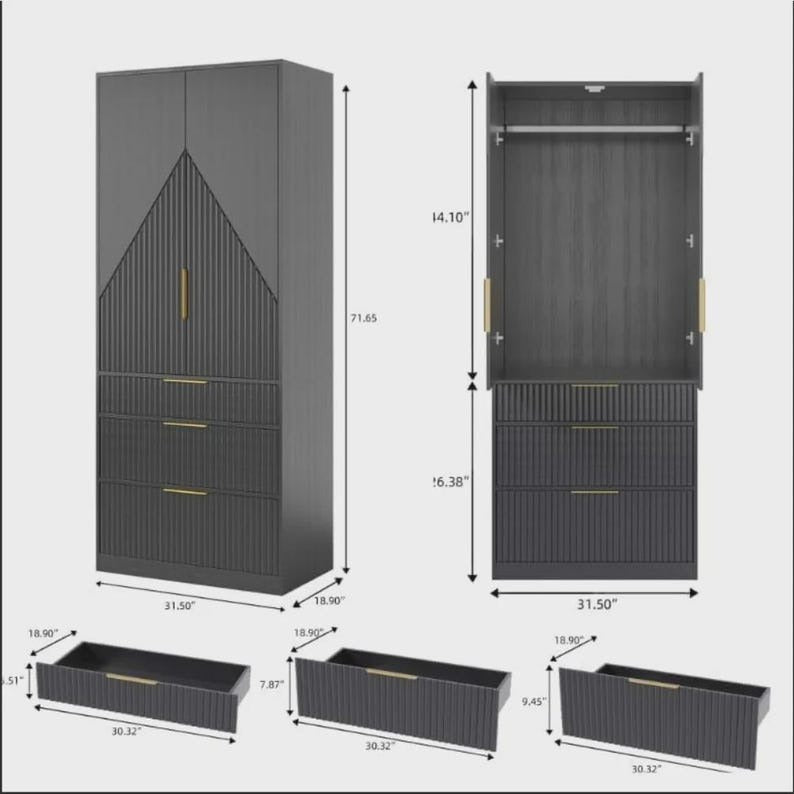 Modern Black Wood Wardrobe Armoire