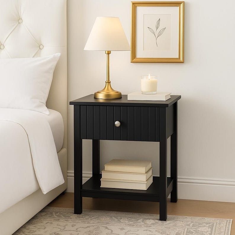 Black Modern Wood Fluted Nightstand