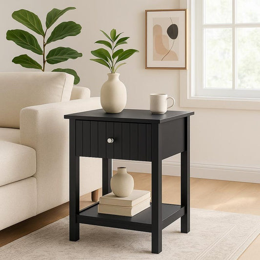 Black Modern Wood Fluted Nightstand