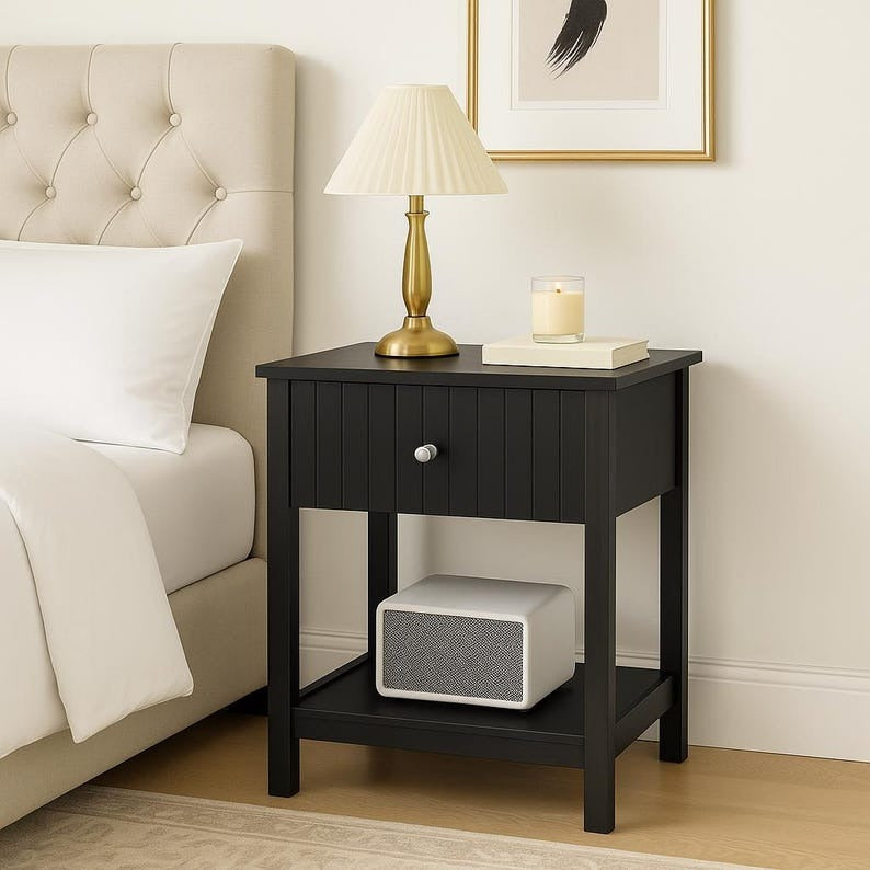 Black Modern Wood Fluted Nightstand