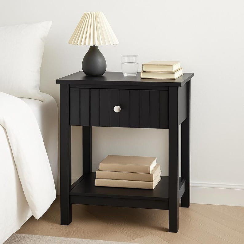 Black Modern Wood Fluted Nightstand