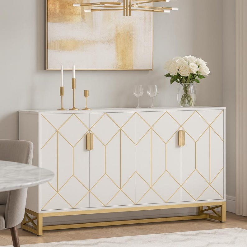 Elegant White Gold Buffet Cabinet