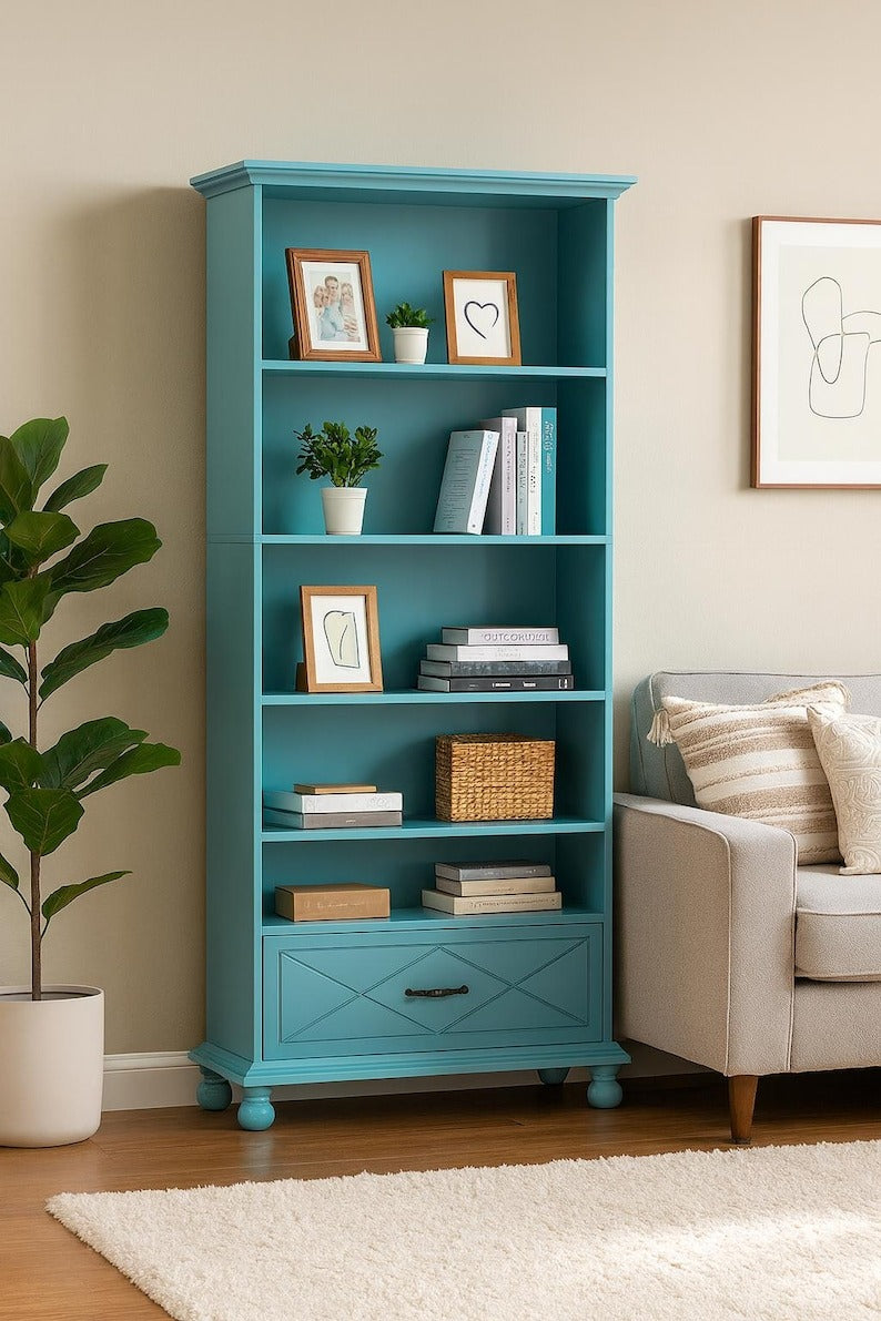 Blue Farmhouse Bookcase Cabinet